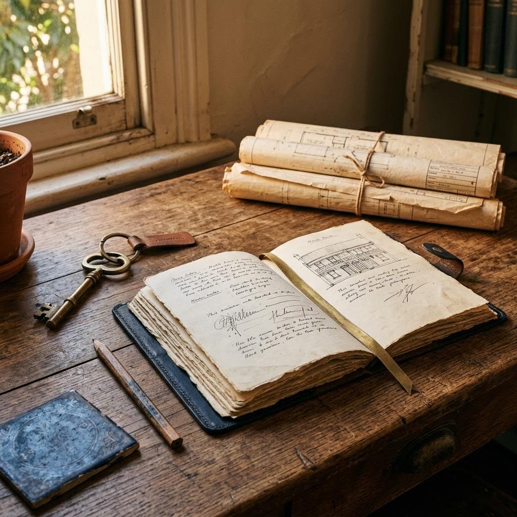 A Home Base property journal on a timber desk